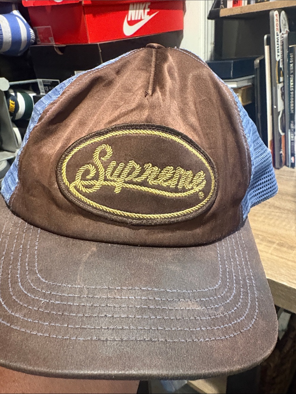 Supreme Brown Hat with Blue Mesh and Yellow Logo
